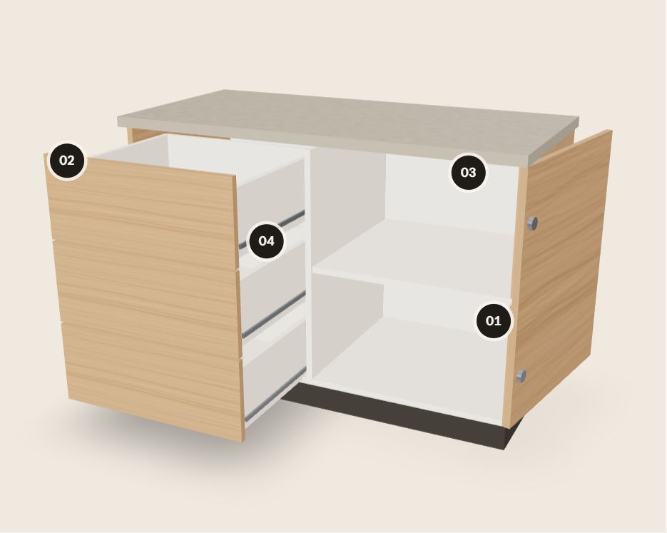 Oak base cabinet with a stone top, three drawers pulled out and the door open, showing the carcass, edges and runners